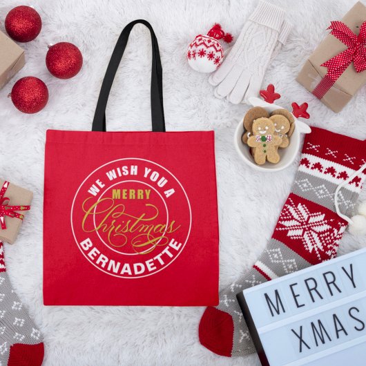 We Wish You a Merry Christmas Rood Aangepaste Naam Tote Bag