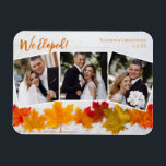 We zagen Herfst Leaf Wedding Announding Foto Magneet<br><div class="desc">Deze mooie trouwaankondiging Thanksgiving foto magneet is voorzien van een elegante 3 fotografie collage onder de oranje woorden We Eloped. Deze  herfstbladfoto met trendy wit hout achter de bladeren is een kerkvakantie-magneetkaart om je nieuwe foto's te versieren. Geef bedankt voor je nieuwe huwelijk met deze schattige paar foto's.</div>