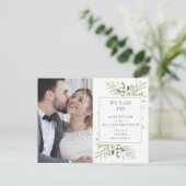 We zeiden Ja Groen Elopement Foto Bruiloft Aankondigingskaart (Staand voorkant)