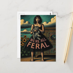 We zijn allemaal wilde vintage dame en kat briefkaart