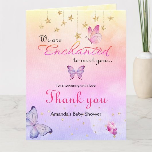 We zijn blij om u te ontmoeten vlinder Baby shower Bedankkaart (Voorkant)