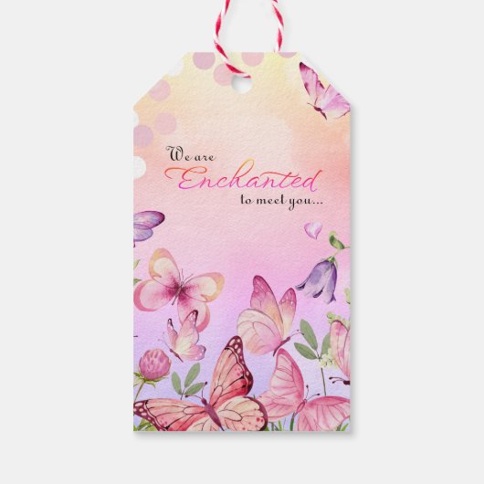 We zijn blij om u te ontmoeten vlinder Baby shower Cadeaulabel (Achterkant)