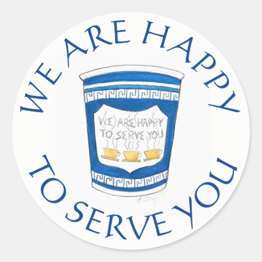 We zijn blij u de Griekse Deli Coffee Cup te diene Ronde Sticker (Voorkant)