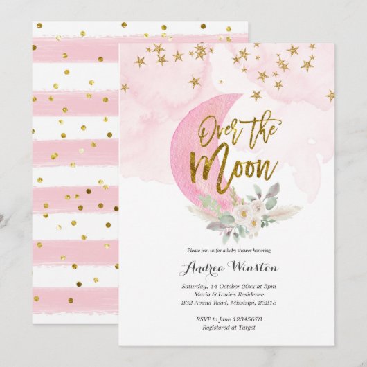 We zijn dolblij Roze babyshower uitnodiging (Voorkant / Achterkant)