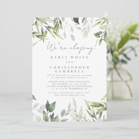 We zijn Eloping Silver Greenery Herfst Receptie Kaart (Staand voorkant)