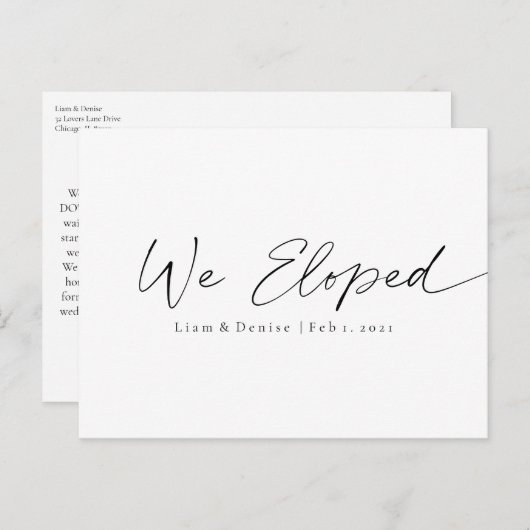 We zijn geëlimineerd elegante script huwelijk aank briefkaart (Voorkant / Achterkant)
