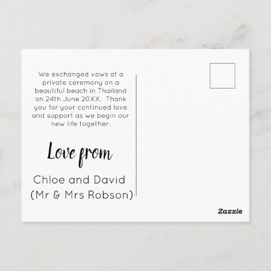 We zijn getrouwd. Aankondiging van het Briefkaart  (Achterkant)