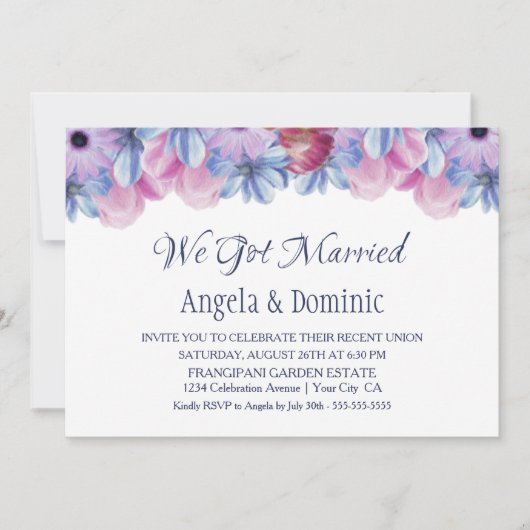 We Zijn Getrouwd Blauw Roze Bloemige Trouwreceptie Kaart (Voorkant)