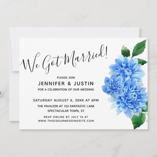 We Zijn Getrouwd! Blauwe Aquarel Dahlia Bloemen Kaart (Voorkant)