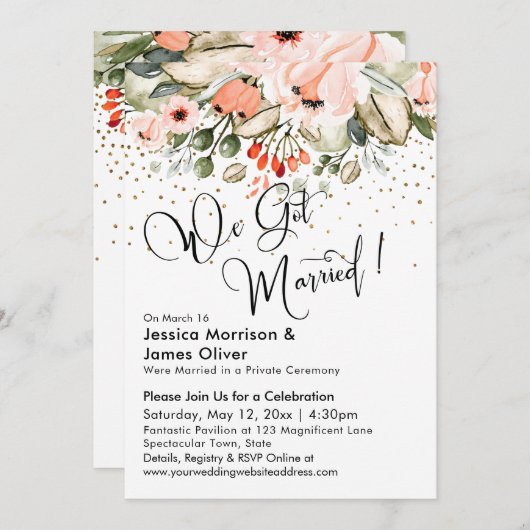 We Zijn Getrouwd! Blozende Bloemen & Gouden Confet Kaart (Voorkant / Achterkant)