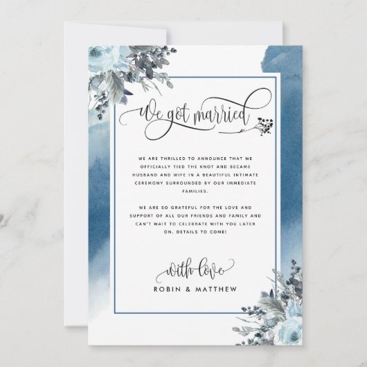 We zijn getrouwd bruiloft aankondiging in blauw (Voorkant)