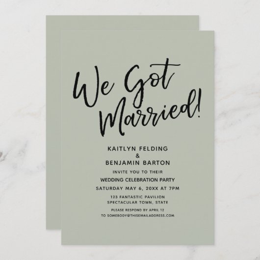 We zijn getrouwd. Casual Sage Green Reception Kaart (Voorkant / Achterkant)