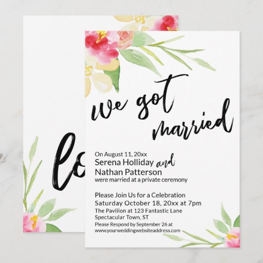 We Zijn Getrouwd Casual Script Watercolor Bloemen Kaart (Voorkant / Achterkant)