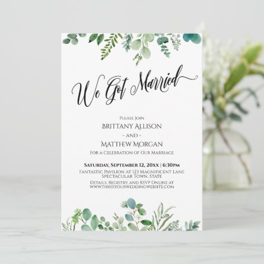 We Zijn Getrouwd Eucalyptus Groene Ontvangst Kaart (Staand voorkant)