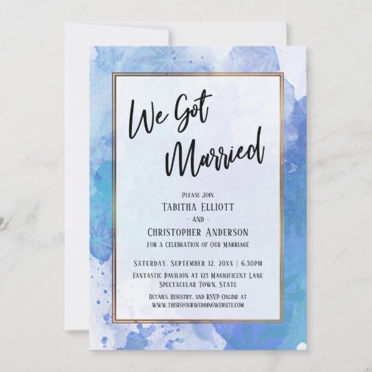 We Zijn Getrouwd Gouden Rand Abstract Blauwe Spatt Kaart (Voorkant)