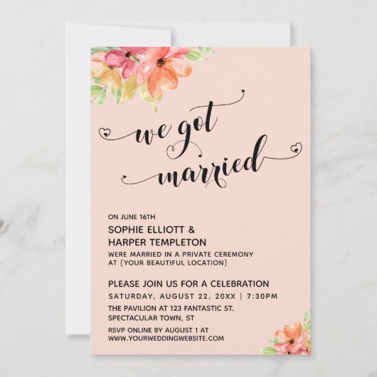 We Zijn Getrouwd Harten Script Blush Bloemen Kaart (Voorkant)