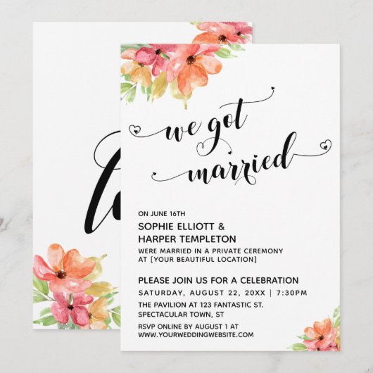 We Zijn Getrouwd Harten Script Waterverf Bloemen Kaart (Voorkant / Achterkant)