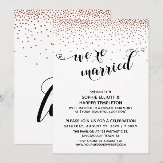 We zijn getrouwd Hartjes Script Koperen Confetti F Kaart (Voorkant / Achterkant)