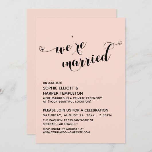 We zijn getrouwd Hartjes Script Roze Ontvangst Kaart (Voorkant / Achterkant)