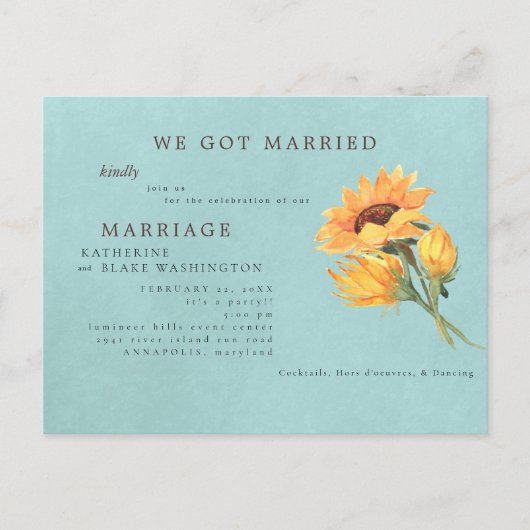 We zijn getrouwd... Het is een feest Turquoise Sun Uitnodiging Briefkaart (Voorkant)