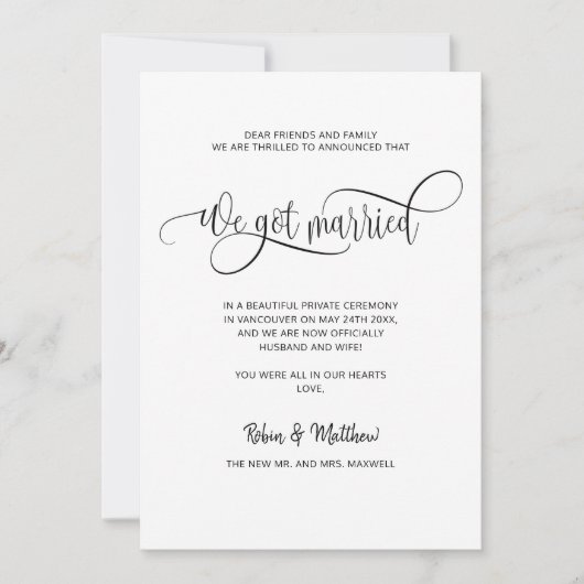 We zijn getrouwd, legant modern huwelijk aankondiging (Voorkant)