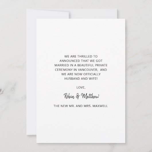 We zijn getrouwd, legant Script Photo Wedding Aankondiging (Achterkant)