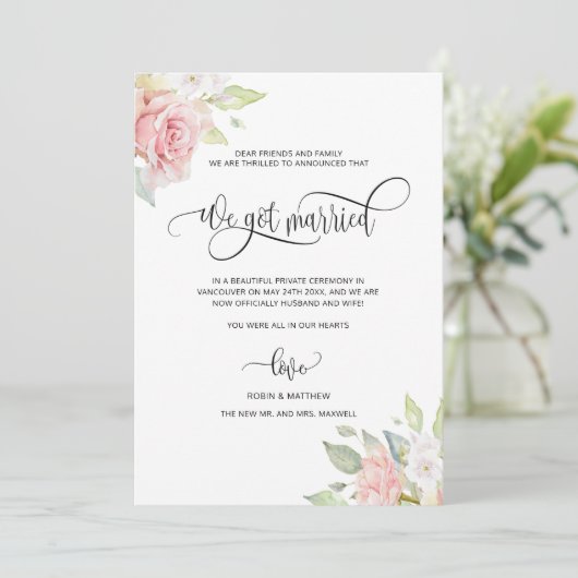 We zijn getrouwd, Roos Gold Floral huwelijkshuweli Aankondiging (Staand voorkant)