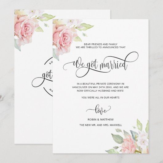 We zijn getrouwd, Roos Gold Floral huwelijkshuweli Aankondiging (Voorkant / Achterkant)