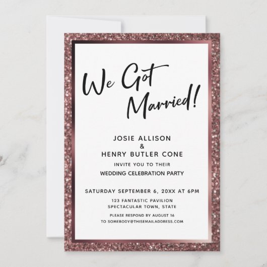 We zijn getrouwd. Roos Gold Glitter Reception-only Kaart (Voorkant)