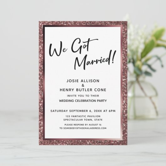 We zijn getrouwd. Roos Gold Glitter Reception-only Kaart (Staand voorkant)