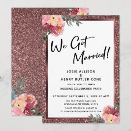 We Zijn Getrouwd! Roze Gouden Glitters en Bloemen Kaart