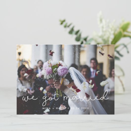 We zijn getrouwd Schattig script bruiloft fotokaar Aankondiging (Staand voorkant)