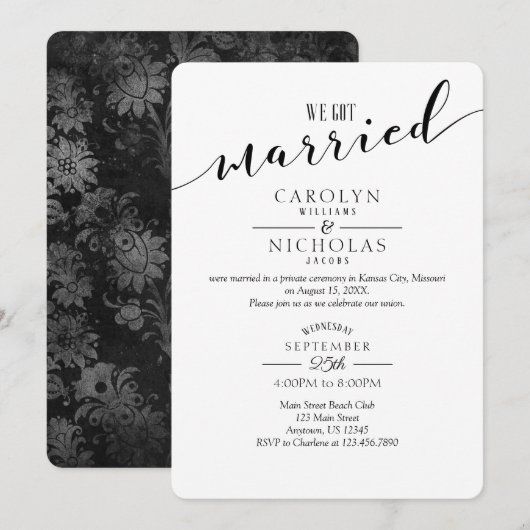 We Zijn Getrouwd Vintage Zwarte Damast Trouwfeest Kaart (Voorkant / Achterkant)