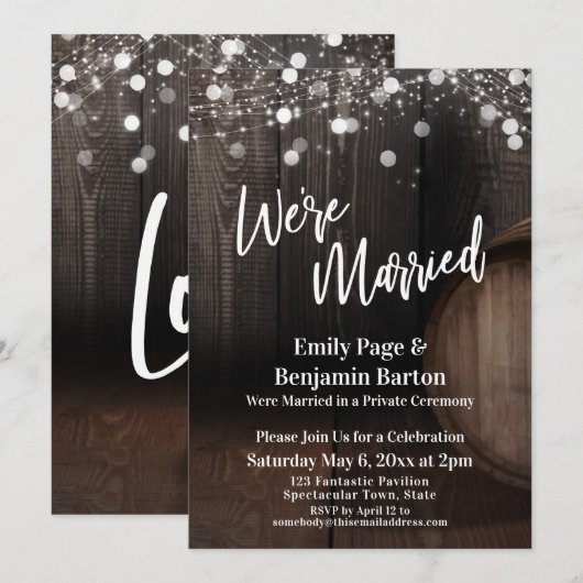 We zijn getrouwd Wood Wine Barrel Lights receptie Kaart (Voorkant / Achterkant)