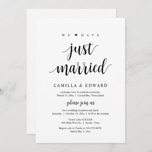 We Zijn Net Getrouwd, Bruiloft Elopement Feest Kaart (Voorkant / Achterkant)