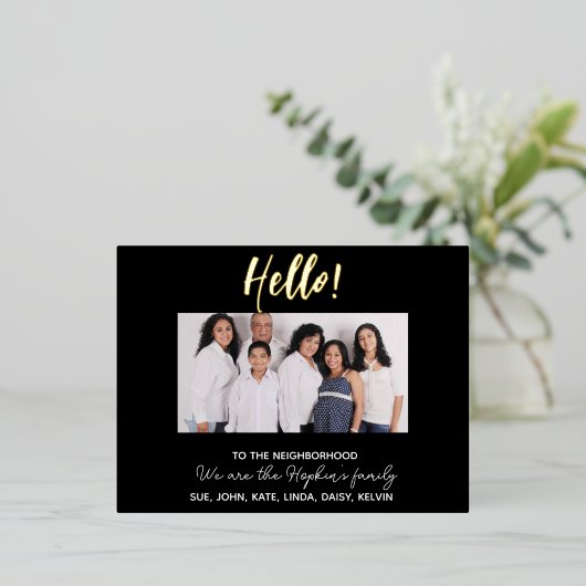 We zijn nieuw in de buurt" Fotoaankondiging Folie Feestdagen Briefkaart (Staand Voorkant)