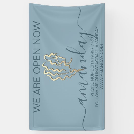 We zijn nu open voor Logo rokerblauwe haarstaarste Spandoek (Verticaal)