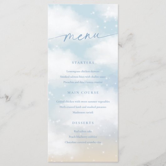 We zijn op Cloud 9 Dreamy Clouds Menu Kaart Blauw (Voorkant)