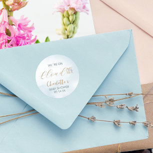 We zijn op Cloud 9 Elegant Script Blauwe Baby Show Ronde Sticker