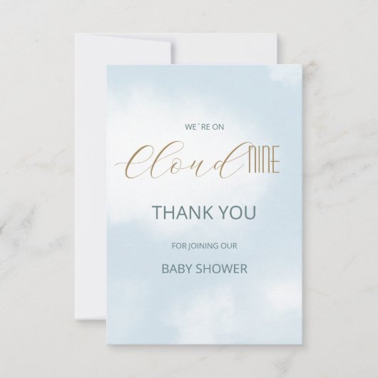 We zijn op Cloud 9 Elegant Script Blue Baby shower Bedankkaart (Voorkant)