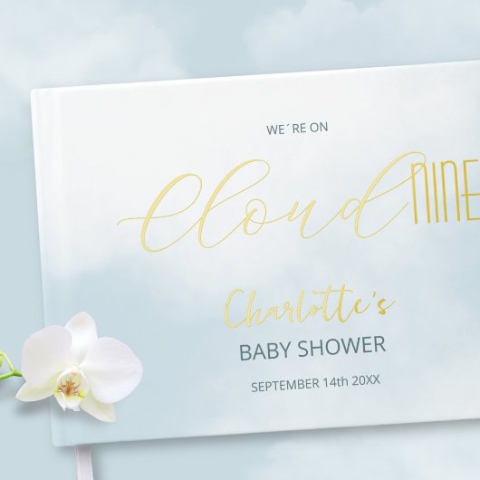 We zijn op Cloud 9 Elegant Script Blue Baby shower Gastenboek