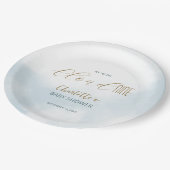We zijn op Cloud 9 Elegant Script Blue Baby shower Papieren Bordje (Gekanteld)