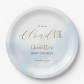 We zijn op Cloud 9 Elegant Script Blue Baby shower Papieren Bordje (Voorkant)
