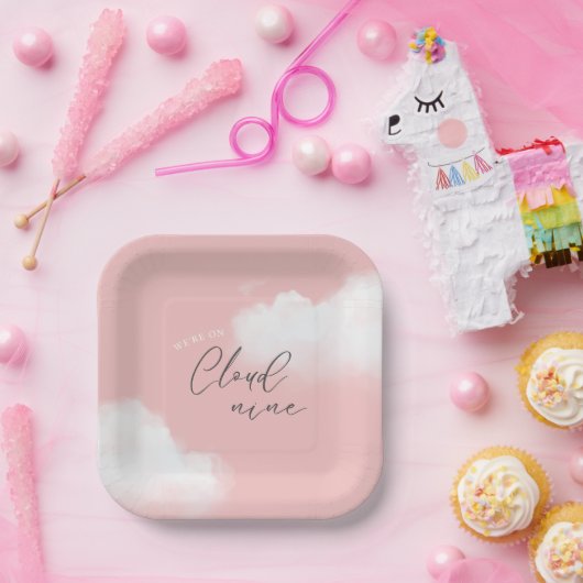 We zijn op Cloud 9 Pink Girl Baby shower Papieren Bordje (Feest)