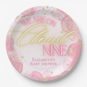 We zijn op Cloud Nine 9 Pink Gold Girl Baby shower Papieren Bordje