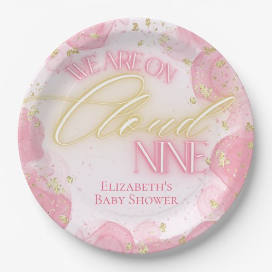 We zijn op Cloud Nine 9 Pink Gold Girl Baby shower Papieren Bordje (Voorkant)