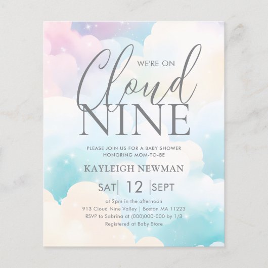 We zijn op Cloud Nine Baby shower Budget Invitatio (Voorkant)