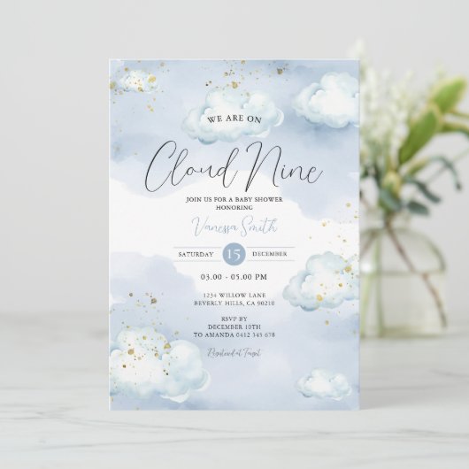 We zijn op Cloud Nine Blue Baby shower Gold Glitte Kaart (Staand voorkant)