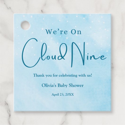We zijn op Cloud Nine Boy Baby shower Bedankjes Labels (Voorkant)
