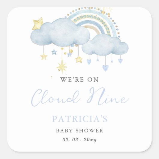 We zijn op Cloud Nine Boy Baby shower Vierkante Sticker (Voorkant)